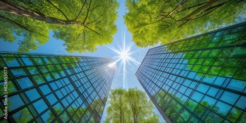 Business Gebäude Glas Fassade mit blauen Himmel und grünen Bäumen