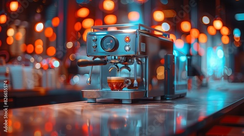 A gourmet coffee maker on a polished concrete surface, with the bokeh of retail lights behind it, framed by abstract, rounded polygonal patterns and modern shapes.