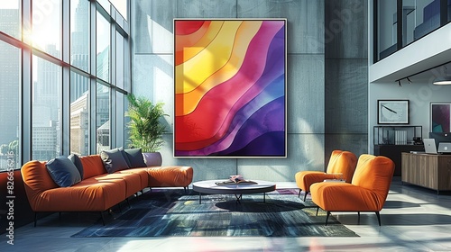 A colorful, abstract art print hanging on the wall, adding a pop of color and a touch of creativity to the otherwise neutral office background.