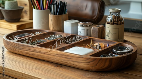 A minimalist desk organizer tray, keeping essential items like paper clips, push pins, and USB drives neatly arranged and easily accessible without creating visual clutter.
