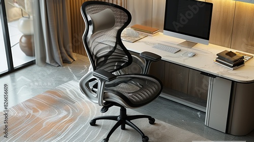 A modern ergonomic chair with a mesh backrest and adjustable features, designed for maximum comfort and support, placed in front of the desk in a central position.