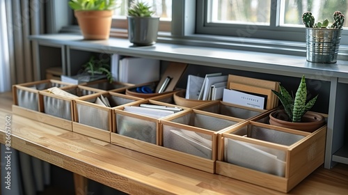 A set of matching, minimalistic desk trays or bins, keeping incoming and outgoing mail, documents, and office supplies organized and easily accessible.