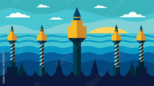 Huge drill bits churn through the ocean floor digging deeper and deeper for the offshore oil that lies beneath.. Vector illustration