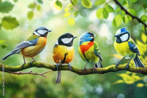 Four birds are perched on a branch, with one of them being a bluebird