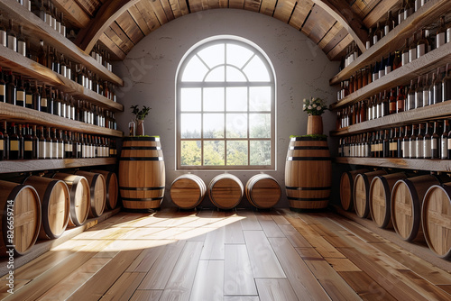 Wine cellar with row wooden oak barrels. Wine making industry. Alcohol storage
