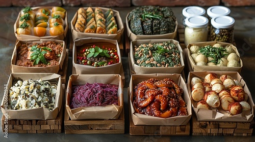 Different styles of artisanal food packaging, including kraft paper wraps and wooden boxes. Each item is shown with and without contents.