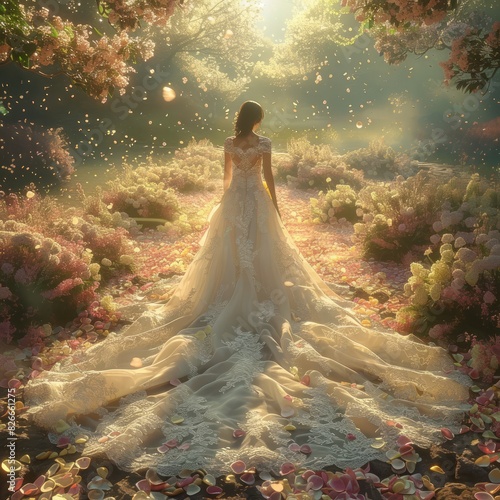 A woman in a long white dress is walking through a garden