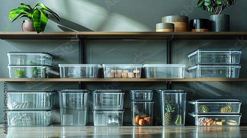 Mockups of clear plastic storage containers, ideal for organizing household items. The containers come in various sizes and shapes, with different types of lids.