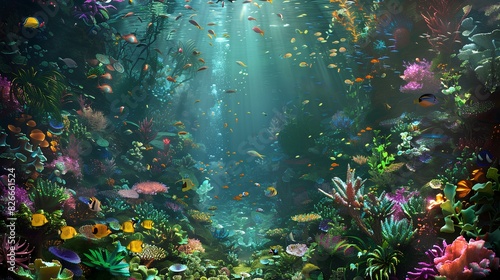 A mesmerizing underwater garden filled with vibrant flora and fauna, where fish of all shapes and sizes mingle in harmony.