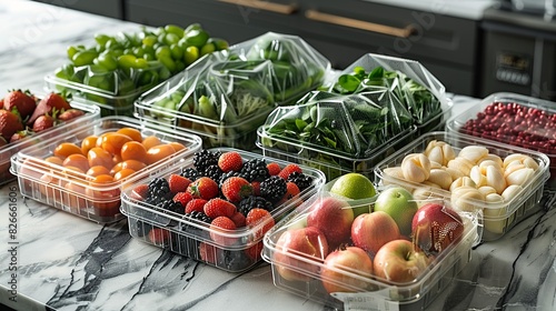 Mockups of packaging for fresh produce, such as plastic clamshells and mesh bags. The items are designed to keep the produce fresh and visible.