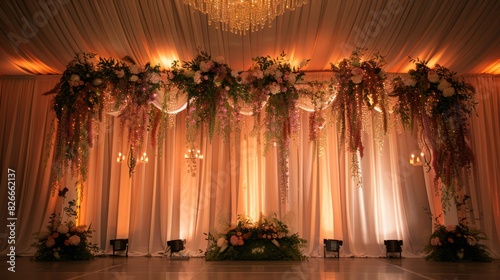 A large floral arrangement is suspended from the ceiling of a room