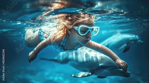 A young girl is swimming with dolphins in the ocean. She is wearing goggles and a bathing suit