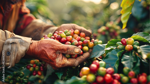close-up photography of hands of senior coffee grain harvester with coffee harvest, organic and premium quality
