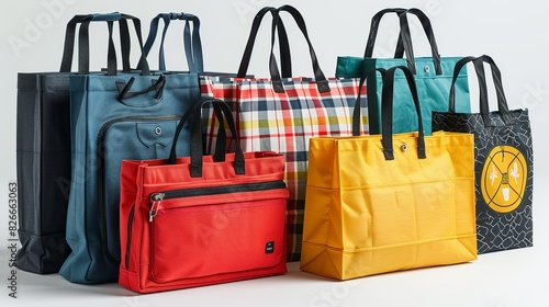 Various types of reusable shopping bags, including canvas totes and foldable nylon bags. Each bag is displayed in different colors and designs.