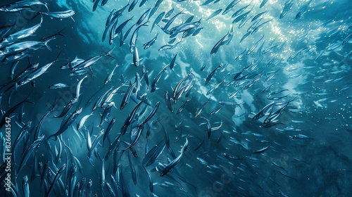 A school of glittering silver sardines swirling in perfect unison, creating mesmerizing patterns against the backdrop of an azure sea.