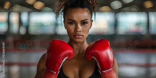 Confident woman in red boxing gloves exudes strength and determination. Concept Confidence, Strength, Determination, Boxing, Woman