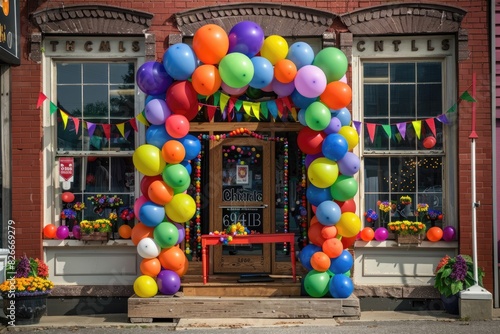 A festive storefront decorated with balloons and banners announcing a grand opening or special sale.