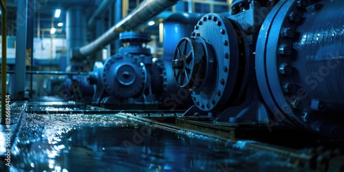 A series of blue valves are sitting on a wet floor. The valves are all different sizes and are arranged in a row. Concept of industrial activity and the potential for water damage