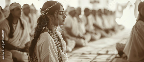 Woman meditating in traditional attire during Guru Purnima celebration. Spiritual and cultural gathering. Black and white photography for design and print
