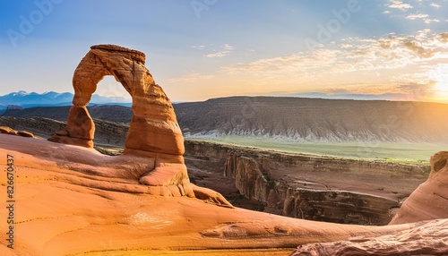 scenic view of delicate arch in arches national park during sunrise in landscape comic style digital illustration generative ai