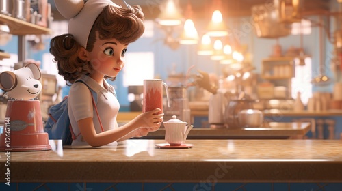 A photo of a 3D character in a retro coffee shop setting