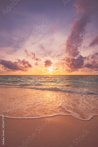 Peaceful closeup sea sand sky beach. Beautiful tranquil nature landscape. Inspire calm tropical beach seascape wave horizon. Colorful panoramic sunset relaxing summer pattern. Vacation travel tourism