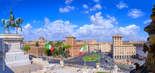 Rome skyline. View from Altar of the Fatherland or Vittoriano: in the center Venice Square and to the side the bronze equestrian statue of King Victor Emmanuel II. 