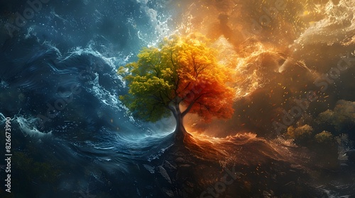 Harmonious Convergence of the Four Elements: A Vibrant Aerial View of Nature's Central Tree Surrounded by Water, Fire, and Earth