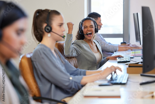 Excited, success and woman in call center to celebrate winning or goal achievement on computer. Yes, victory or happy telemarketing consultant fist pump for bonus deal, sale or customer service prize