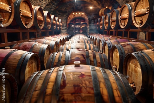 Rows of Aged Oak Wine Barrels in an Atmospheric Underground Cellar