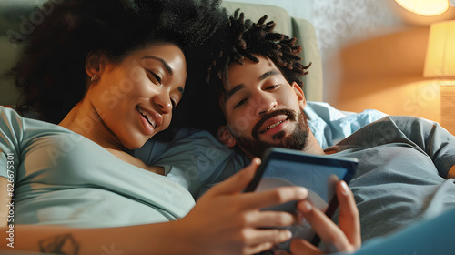 High angle close-up of biracial young couple using digital tablet and talking while lying on bed