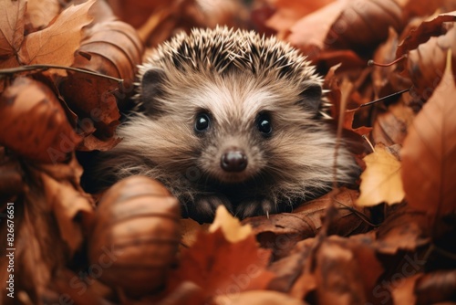 A small brown hedgehog is sitting in a pile of autumn leaves. The scene has a cozy and warm feeling