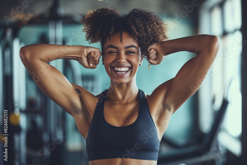Satisfied female fitness enthusiast, young fit African American woman with afro hair doing exercise at the gym, Happily smiling confident dark skin black girl showing her armpit, Lady biceps Archives