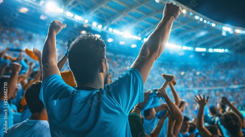 group of Sky Blue football team fans cheer and celebrating a winning tournament or winning league in stadium. the fans wearing sky blue shirt . Generative AI