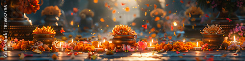 Candles and flowers in pots during Guru Purnima celebration. Evening spiritual ceremony with petals in the air. Design for poster, banner, greeting card, and invitation