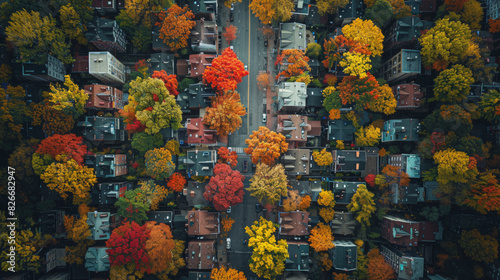 Aerial view of a residential street with trees in autumn hues, displaying a spectrum of red, orange, and yellow leaves, contrasting with the urban layout.