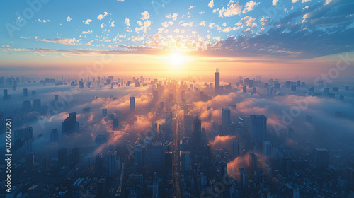 Aerial view of a city skyline bathed in golden sunrise light with skyscrapers emerging from a sea of low-lying clouds or fog.