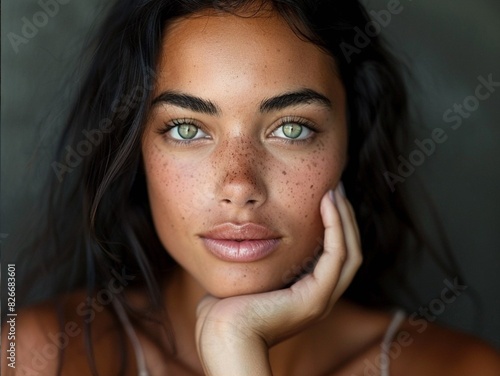 Stunning high resolution photographs of a multi-ethnic young woman, half Scandinavian, half Northern European, with hand under chin, captivating, magnetic eyes, the background is simply fantastic.