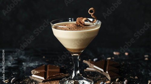 A sleek coupe glass filled with smooth, velvety milk, garnished with a dusting of cocoa powder and a curl of chocolate