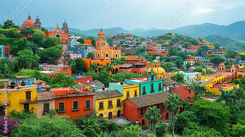 Mexican town with cathedral and colourful houses staying next to each other on a hill. Travel and cultural concept 