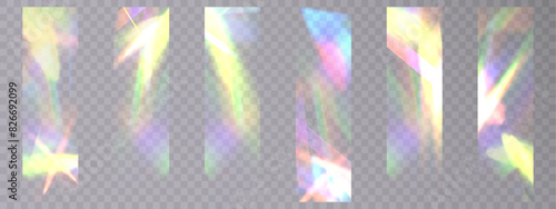 Prism distortion background set. Abstract diamond caustics, lens light effects and a colorful set of crystal lens flare vector overlays. Glowing bright rays and colorful light effects. Vector 10 EPS