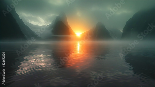 Beautiful landscape with lake and mountains at sunset inspired by New Zealand nature