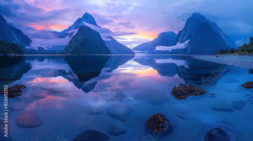 Beautiful landscape with lake and mountains at sunset inspired by New Zealand nature