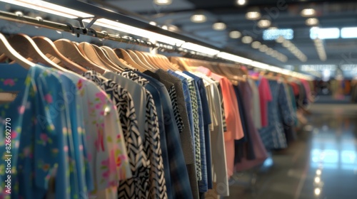 Clothes hang on a shelf in a designer clothes store in Melbourne, Australia