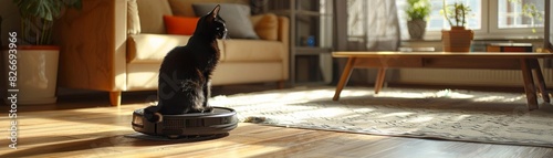 A curious black cat rides a robot vacuum through a sunlit room with vintage furniture