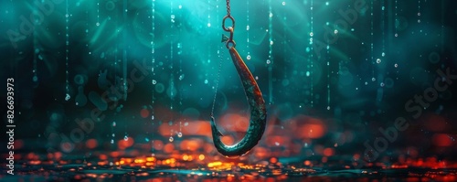 A digital illustration of a fishing hook catching data, warning about phishing attacks. Cybernetic tone with an analogous color scheme