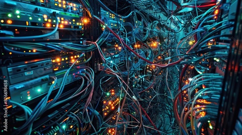 A server room full of cables and blinking lights