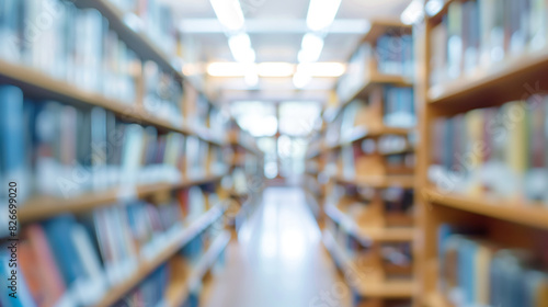 A library with rows of bookshelves filled with books in a soft, blurred focus.