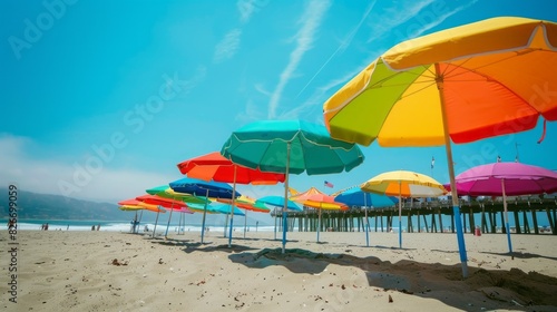 A beach scene with many colorful umbrellas on the sand