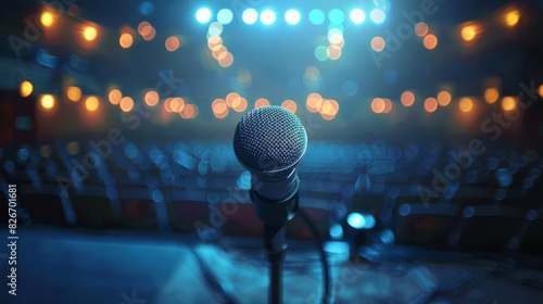 spotlighted solo microphone dramatic auditorium stage with blurred audience background performance photography